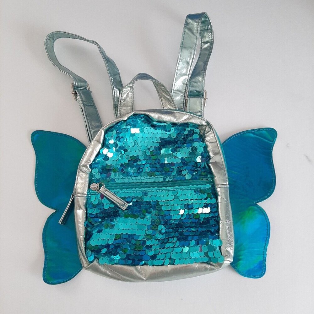 Blue Fairy Wing Mini Backpack Shiny Iridescent Sequin Butterfly Rave Girls Bag